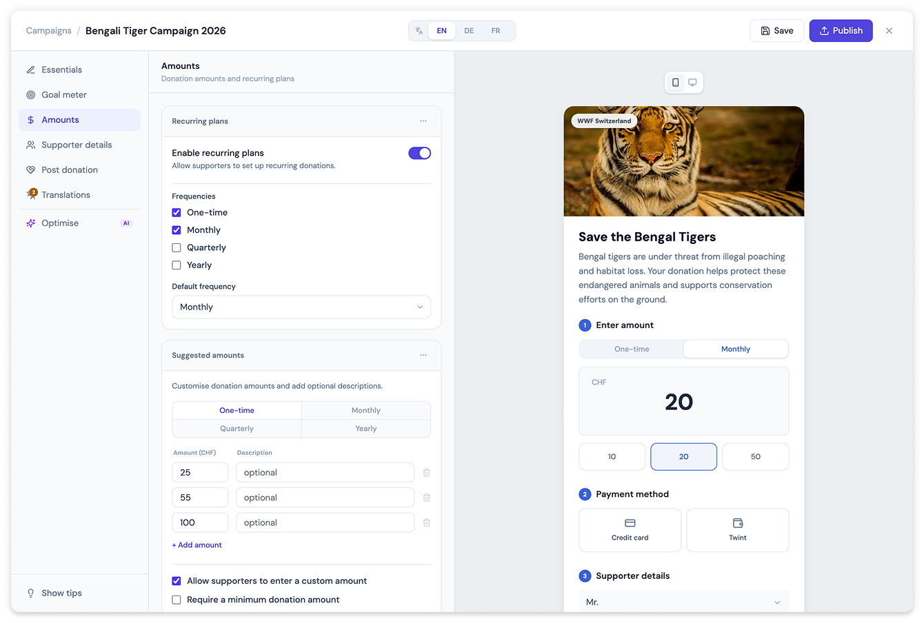 RaiseNow campaign editor, Amounts step: recurring plans and suggested amounts next to the live form