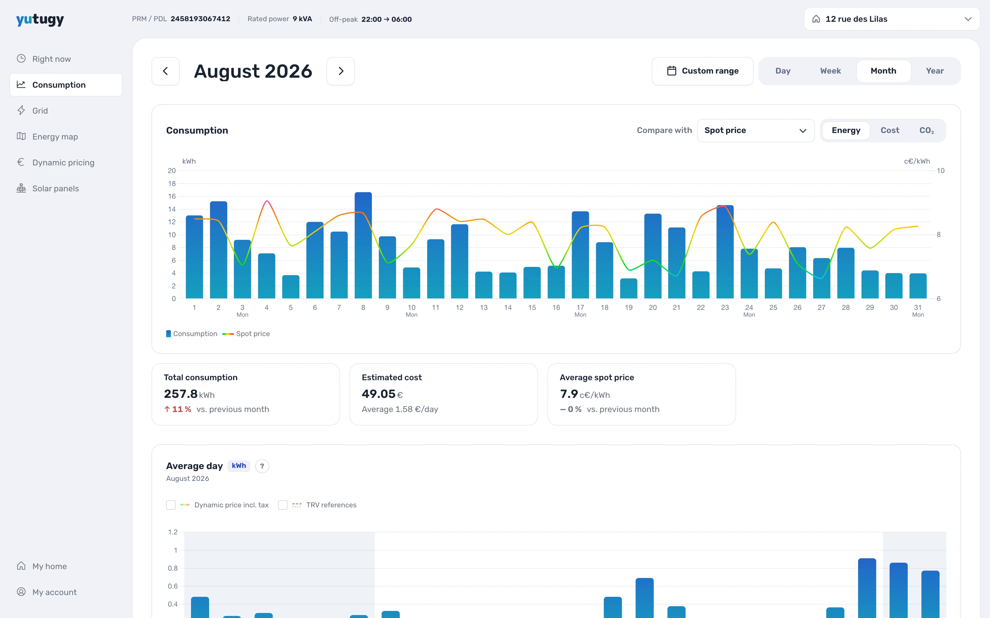 Yutugy consumption, month view with spot prices